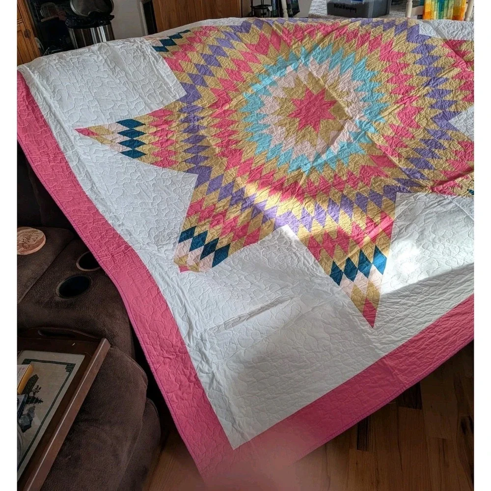 Texas Lone Star Patchwork Cotton Quilt 92 X 90 Handmade Full / Queen
